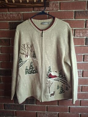 Beige Zip-Front Holiday Sweater with Winter Cabin Design